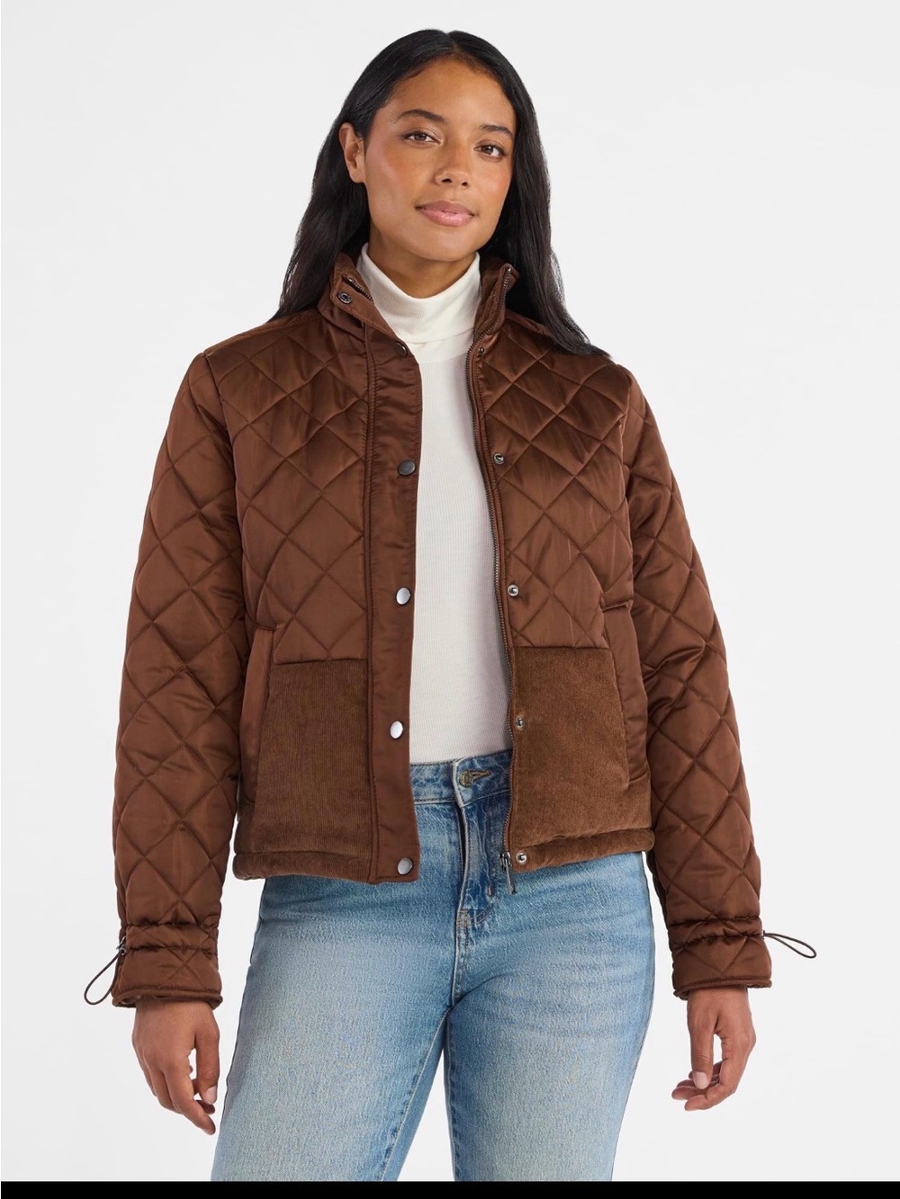 Time and Tru Brown Quilted Puffer Jacket with Panel Accents